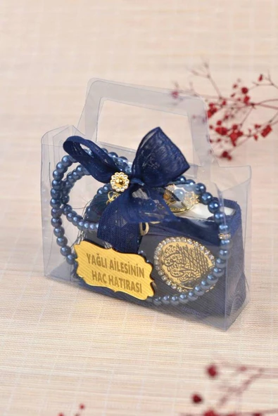 Hediyelik Kutulu Mini Kuran İnci Tesbih ve Taşlı Zikirmatik Seti Lacivert Renk 1 Adet - Resim 3