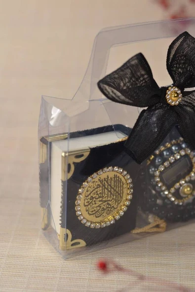Hediyelik Kutulu Mini Kuran İnci Tesbih ve Taşlı Zikirmatik Seti Siyah Renk 1 Adet - Resim 4