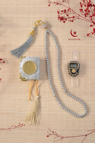 Hediyelik Kutulu Mini Kuran İnci Tesbih ve Taşlı Zikirmatik Seti Gri Renk 1 Adet - Resim 2