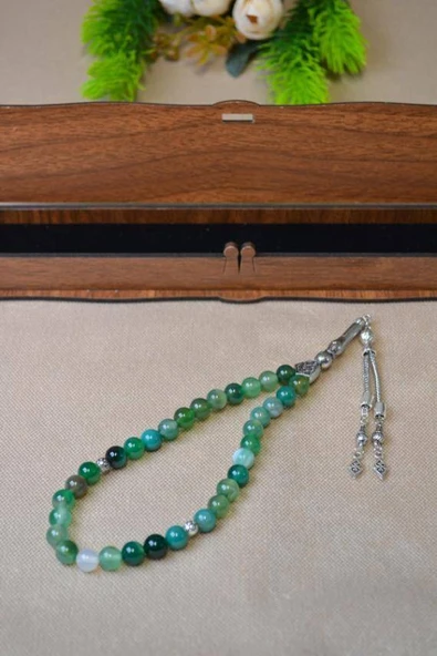 Yeşil Akik Taşlı 33’lü Erkek Tesbih – Doğal Taş, Özel Ahşap Kutulu - Resim 2