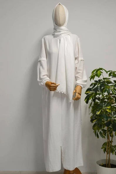 Kendinden Şallı Pamuklu Aerobin Kumaş Kadın Namaz Elbisesi  Ferace Beyaz ürün görseli