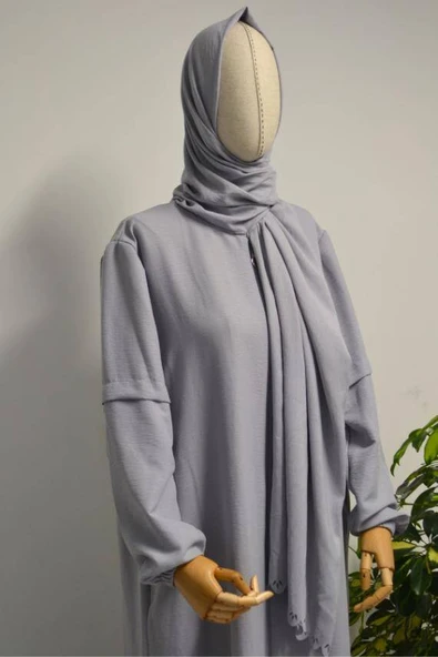 Kendinden Şallı Pamuklu Aerobin Kumaş Kadın Namaz Elbisesi  Ferace Gri - Resim 2