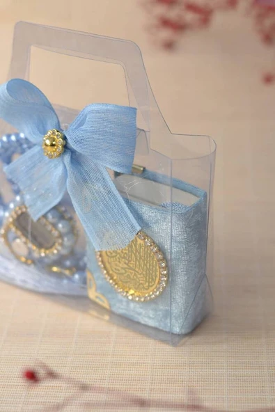 Hediyelik Kutulu Mini Kuran İnci Tesbih ve Taşlı Zikirmatik Seti Mavi Renk 1 Adet - Resim 4