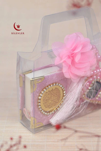 Hediyelik Kutulu Mini Kuran İnci Tesbih ve Taşlı Zikirmatik Seti Pembe Renk 1 Adet - 4