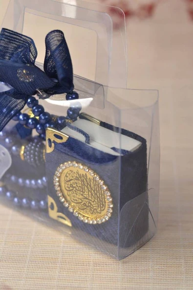 Hediyelik Kutulu Mini Kuran İnci Tesbih ve Taşlı Zikirmatik Seti Lacivert Renk 1 Adet - Resim 4