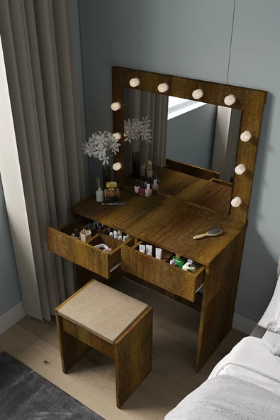 Sakura Hollywood Işıklı Aynalı Çekmeceli Makyaj Masası - 9