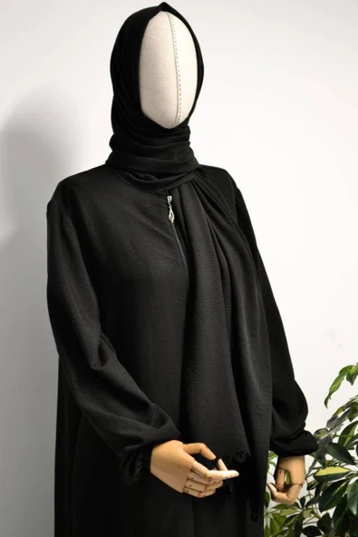 Kendinden Şallı Pamuklu Aerobin Kumaş Kadın Namaz Elbisesi  Ferace Siyah - Resim 3