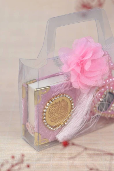 Hediyelik Kutulu Mini Kuran İnci Tesbih ve Taşlı Zikirmatik Seti Pembe Renk 1 Adet - Resim 4