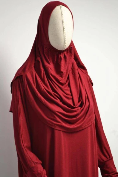 Kadın Penye Namaz Elbisesi Kendinden Başörtülü Rahat Kalıp Kırmızı – Tek Parça - Resim 2