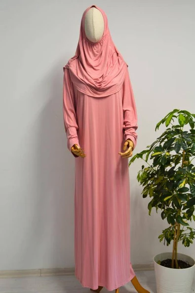 Kadın Penye Namaz Elbisesi Kendinden Başörtülü Rahat Kalıp Pembe – Tek Parça ürün görseli