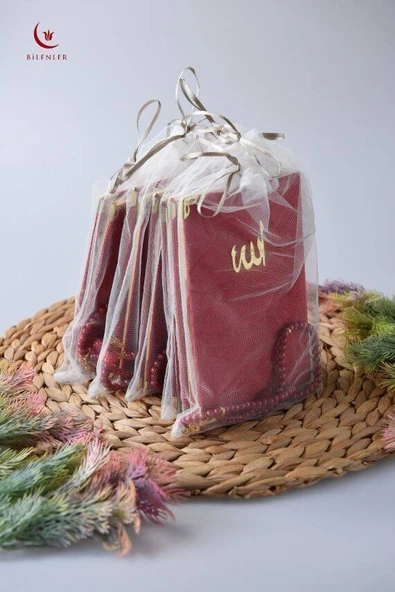 Kadife Yasin Tül Keseli Tesbihli 128 Sayfa Kırmızı Renk 10 Adet - Resim 2