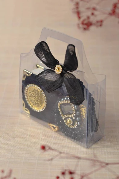 Hediyelik Kutulu Mini Kuran İnci Tesbih ve Taşlı Zikirmatik Seti Siyah Renk 1 Adet ürün görseli