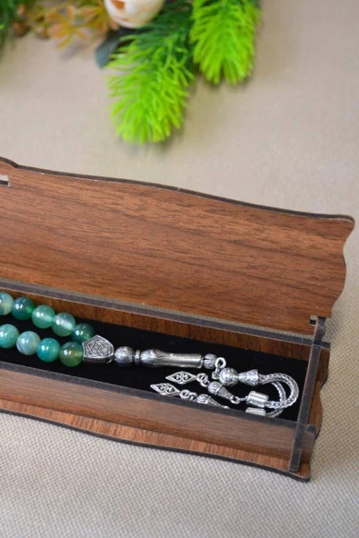 Yeşil Akik Taşlı 33’lü Erkek Tesbih – Doğal Taş, Özel Ahşap Kutulu - Resim 4