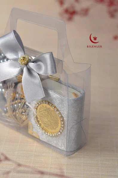 Hediyelik Kutulu Mini Kuran İnci Tesbih ve Taşlı Zikirmatik Seti Gri Renk 1 Adet - Resim 3