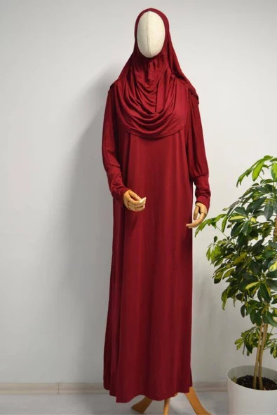 Kadın Penye Namaz Elbisesi Kendinden Başörtülü Rahat Kalıp Kırmızı – Tek Parça ürün görseli 1