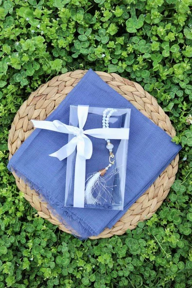 Hediyelik Mevlitlik Eşarp ve İnci Tesbih Set 1 Adet Mavi ürün görseli