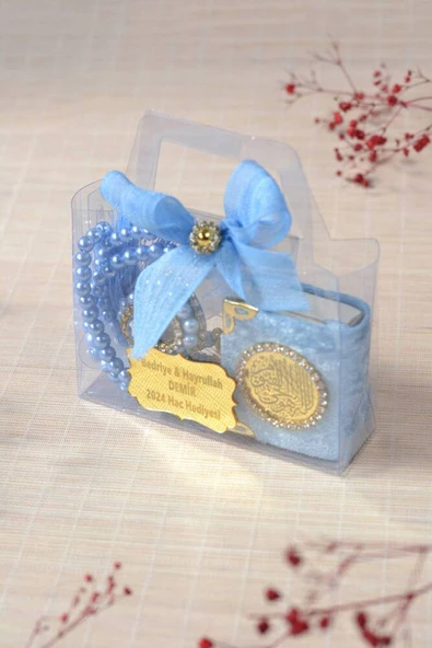 Hediyelik Kutulu Mini Kuran İnci Tesbih ve Taşlı Zikirmatik Seti Mavi Renk 1 Adet - Resim 3