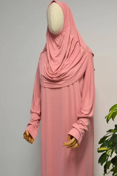 Kadın Penye Namaz Elbisesi Kendinden Başörtülü Rahat Kalıp Pembe – Tek Parça - Resim 3