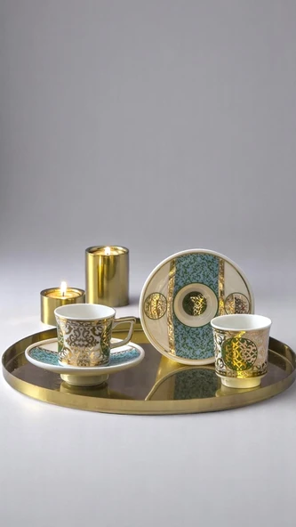 Altın Yaldızlı El Dekoru 2 Kişilik Türk Kahve Fincan Takımı