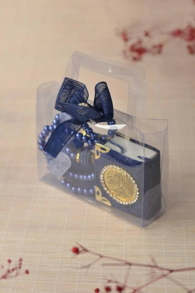 Hediyelik Kutulu Mini Kuran İnci Tesbih ve Taşlı Zikirmatik Seti Lacivert Renk 1 Adet ürün görseli