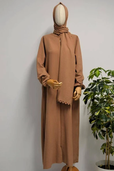 Kendinden Şallı Pamuklu Aerobin Kumaş Kadın Namaz Elbisesi  Ferace Kahverengi ürün görseli
