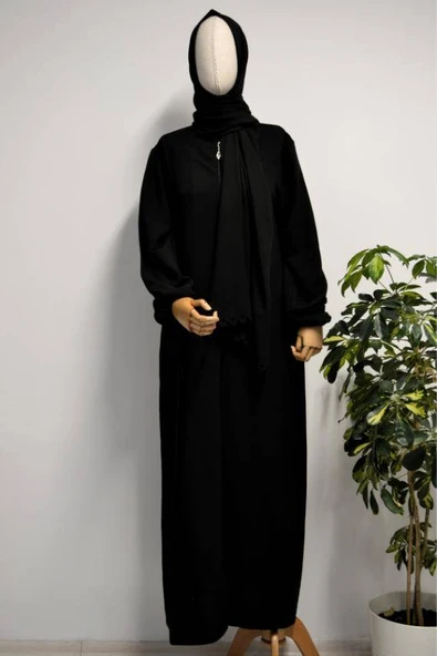 Kendinden Şallı Pamuklu Aerobin Kumaş Kadın Namaz Elbisesi  Ferace Siyah ürün görseli