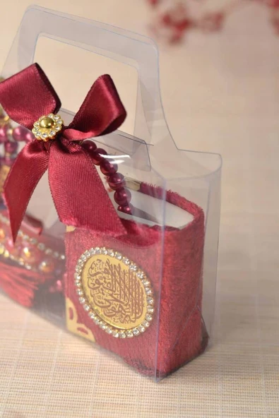 Hediyelik Kutulu Mini Kuran İnci Tesbih ve Taşlı Zikirmatik Seti Kırmızı Renk 1 Adet - Resim 4