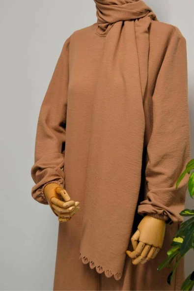 Kendinden Şallı Pamuklu Aerobin Kumaş Kadın Namaz Elbisesi  Ferace Kahverengi - Resim 5
