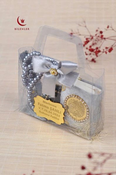 Hediyelik Kutulu Mini Kuran İnci Tesbih ve Taşlı Zikirmatik Seti Gri Renk 1 Adet - Resim 4