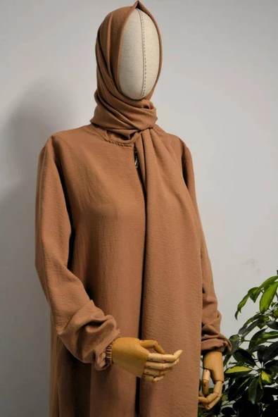 Kendinden Şallı Pamuklu Aerobin Kumaş Kadın Namaz Elbisesi  Ferace Kahverengi - Resim 2
