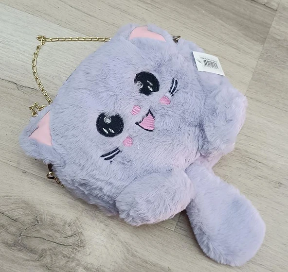 Çanta Peluş Sevimli Kedi Zincir Saplı El Omuz Çantası Lila - 5
