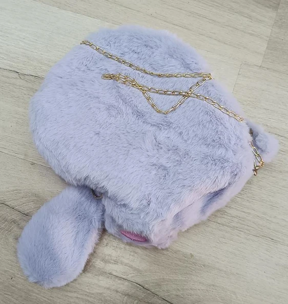 Çanta Peluş Sevimli Kedi Zincir Saplı El Omuz Çantası Lila - 4