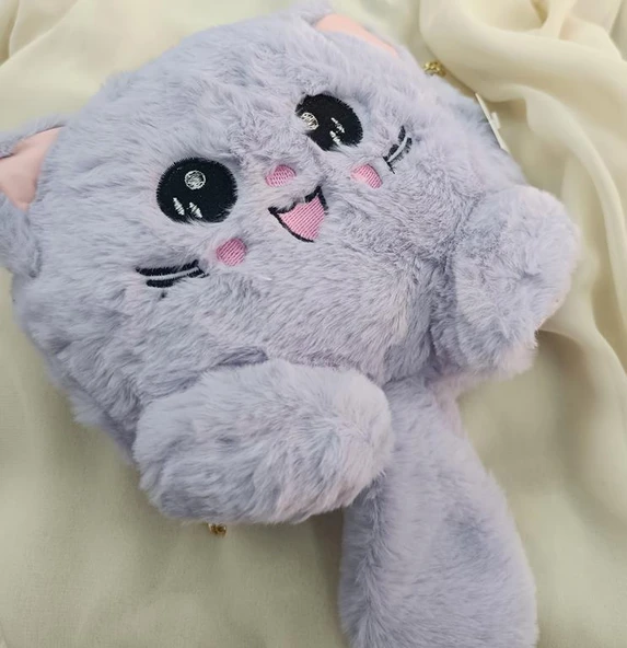 Çanta Peluş Sevimli Kedi Zincir Saplı El Omuz Çantası Lila