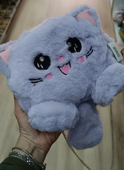 Çanta Peluş Sevimli Kedi Zincir Saplı El Omuz Çantası Lila - 2