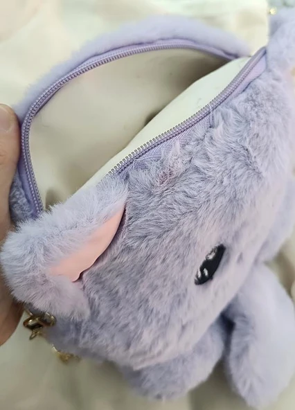 Çanta Peluş Sevimli Kedi Zincir Saplı El Omuz Çantası Lila - 3