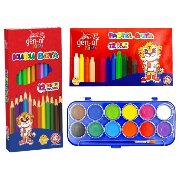 Gen-Of Kids 3’lü Okul Boya Seti – Kuru, Pastel ve Sulu Boya 12 Renk