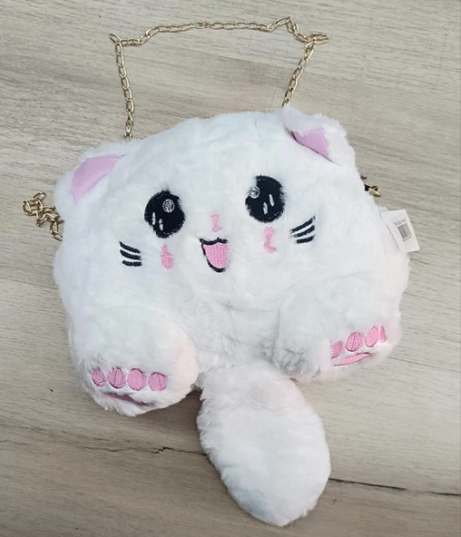 Çanta Peluş Sevimli Kedi Zincir Saplı El Omuz Çantası Beyaz