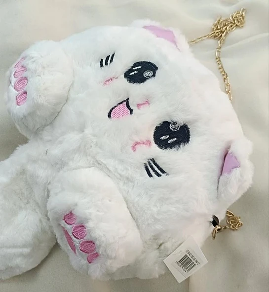 Çanta Peluş Sevimli Kedi Zincir Saplı El Omuz Çantası Beyaz - 4