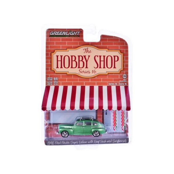 Nessiworld Greenlight 1/64 The Hobby Shop Series 16 - 1946 Ford Fordor Super Deluxe Green Metallic with White Interior and Roof Rack with Surfboards