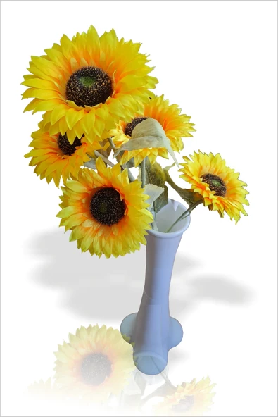 En Kaliteli Nefis Uzun Beyaz Geniş Tabanlı Filayağı Vazolu Büyük 5li Yapay Sarı Günebakan Ayçiçeği