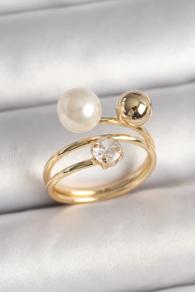 Pirinç Gold Renk Zirkon Taşlı Top İnci Model Kadın Yüzük - TJ-BYK3679