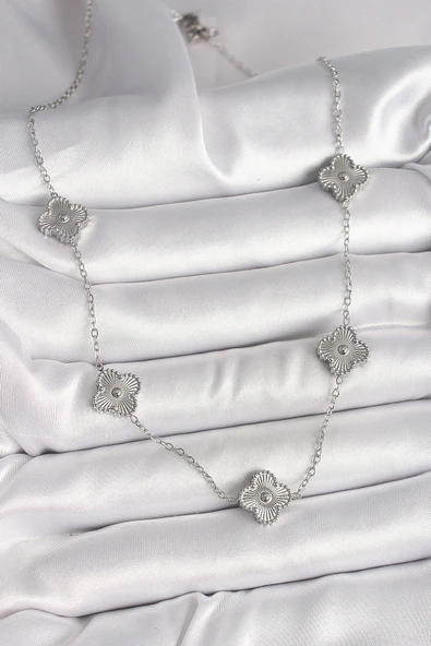 316L Çelik Gümüş Renk Zincir İşlemeli Yonca Model Kadın Kolye - TJ-BKO9923 - 2