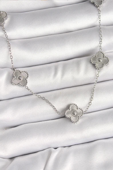 316L Çelik Gümüş Renk Zincir İşlemeli Yonca Model Kadın Kolye - TJ-BKO9923