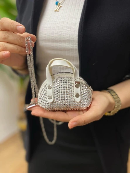 lila(açık) Süet Kumaş, Tek Bölmeli, Zincir Askılı,Fermuarlı, Taşlı, Mini El Ve Omuz Çantası 10 cm - 7