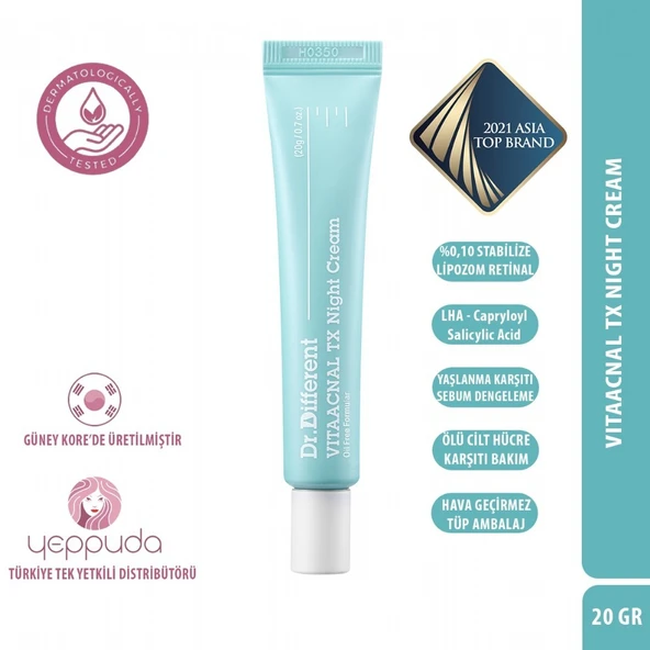Dr.Different Vitaacnal Tx Night Cream - %0.10 Stabilize Lipozom Retinal ve LHA İçeren Akne Karşıtı Gece Kremi