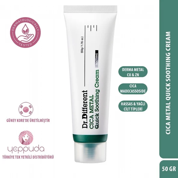 Dr.Different Cica Metal Quick Soothing Cream - Hassas ve Yağlı Ciltler İçin Derma Metal ve Cica İçerikli Hafif Bakım Kremi