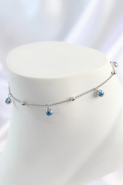 316L Çelik Gümüş Renk Sallantı Nazar Boncuk Figür Topçuk Detay Kadın Halhal - TJ-HH1644