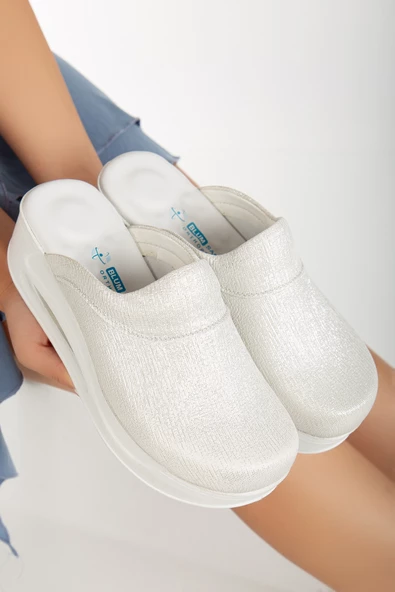 Blum Sabo Terlik Beyaz Simli Kadın Ortopedik Airmax Tabanlı Terlik - 3