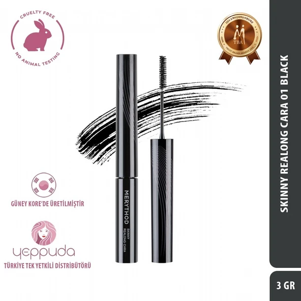Merythod Skinny Realong Cara 01 Black - Topaklanma Yapmayan Suya Dayanıklı İnce Fırçalı Siyah Maskara