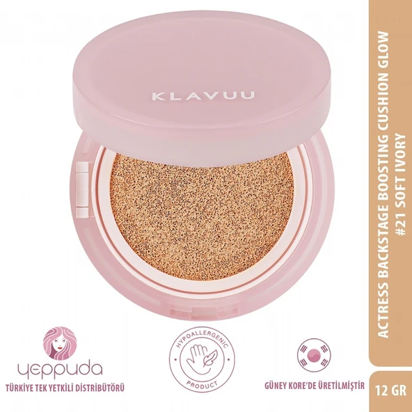 Klavuu Actress Backstage Boosting Cushion Glow #21 Soft Ivory SPF 50+, PA+++ - Parlak Bitişli Nemlendirici Fondöten